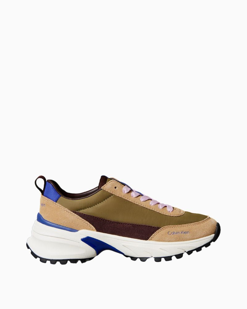 Side view of mixed colour Calvin Klein trainers with logo detail