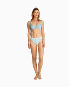 Full body view of Calvin Klein stratosphere blue balconette bra set