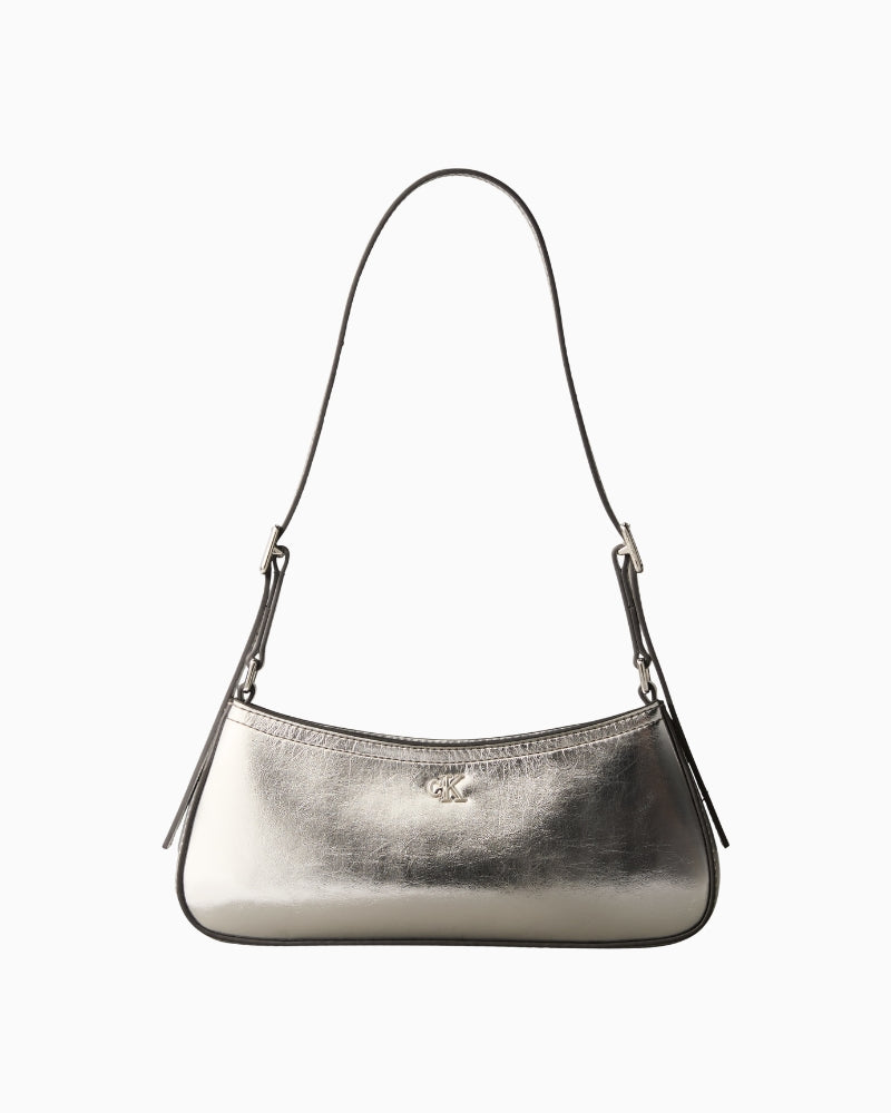Calvin Klein metallic small shoulder bag in silver, front view – Áines Boutique