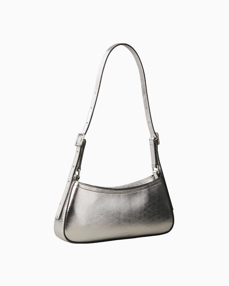 Calvin Klein metallic small shoulder bag in silver, back view – Áines Boutique