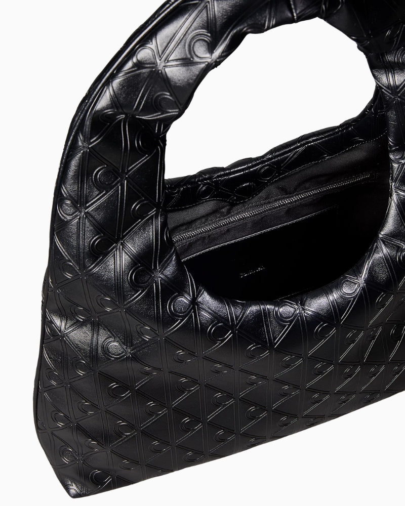 Calvin Klein puffer emblem logo shoulder bag, open interior view with pockets – Áines Boutique