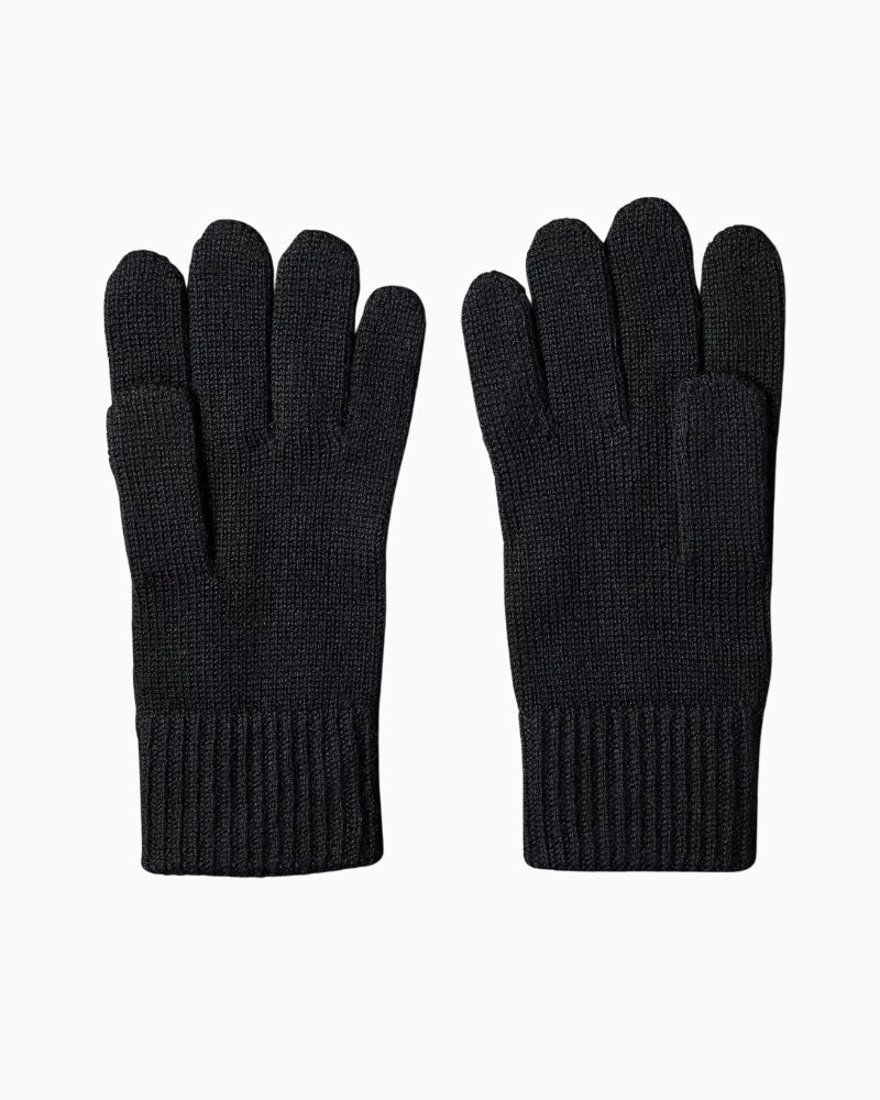 Pair of gloves laid flat showing full length and knit detail