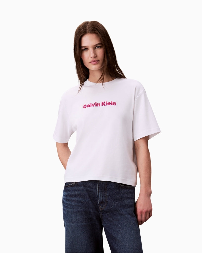 Calvin Klein Jeans white cotton t-shirt with 3D two-tone embroidered logo