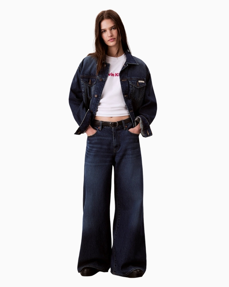 Model view of Calvin Klein Jeans white cotton t-shirt with 3D two-tone embroidered logo