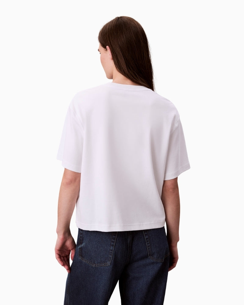 Back of Calvin Klein Jeans white cotton t-shirt with 3D two-tone embroidered logo