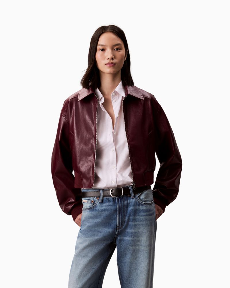 Calvin Klein cropped faux leather jacket with crinkle texture and clean fit