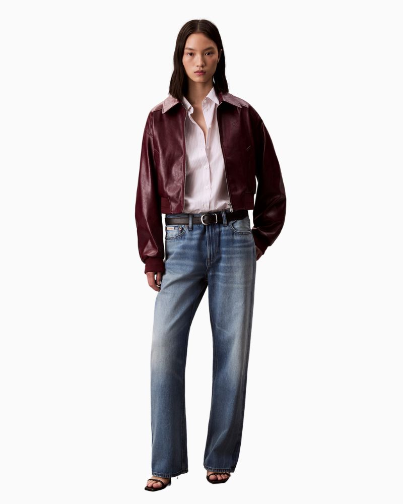 Calvin Klein cropped faux leather jacket with crinkle texture and clean fit