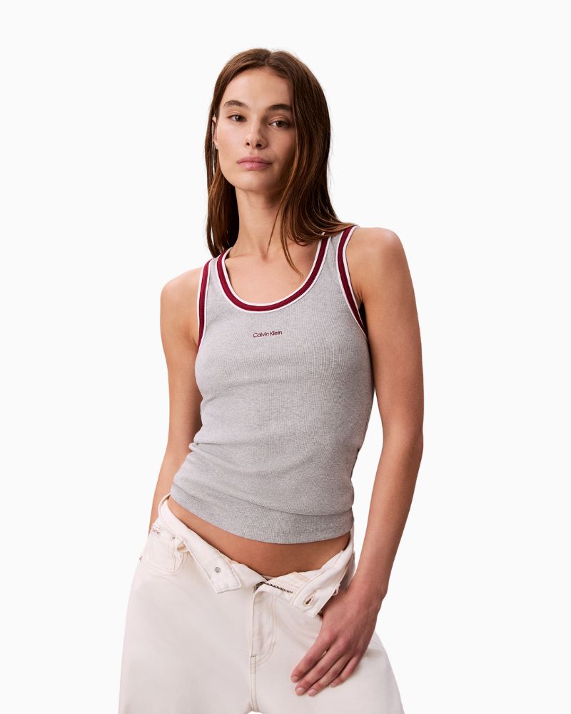Calvin Klein grey colour block ribbed cotton tank with crew neck and slim fit