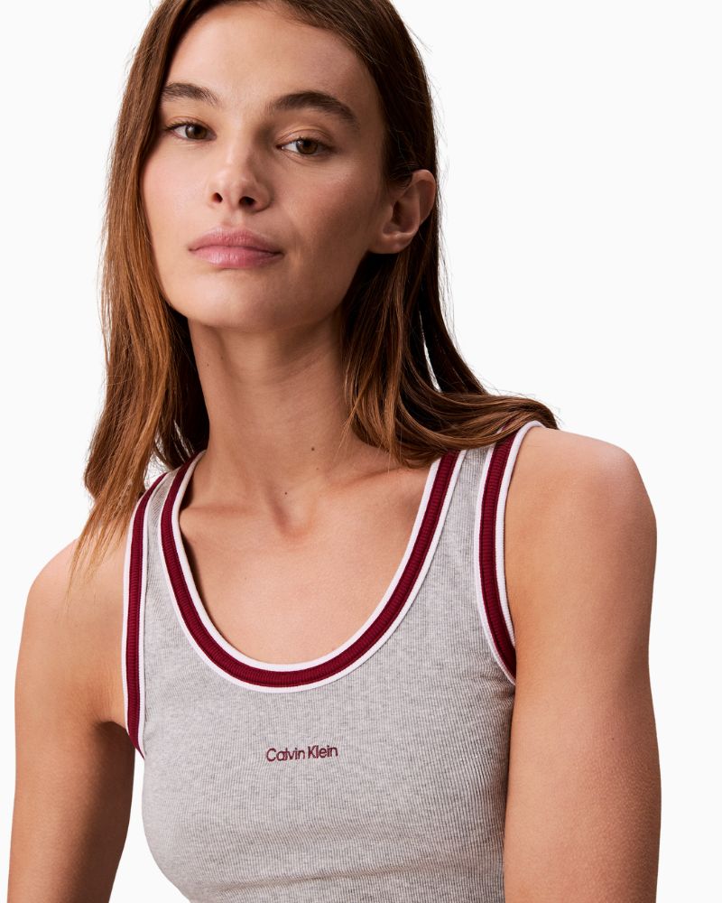Close up view of Calvin Klein sleeveless tank top in ribbed cotton with soft stretch