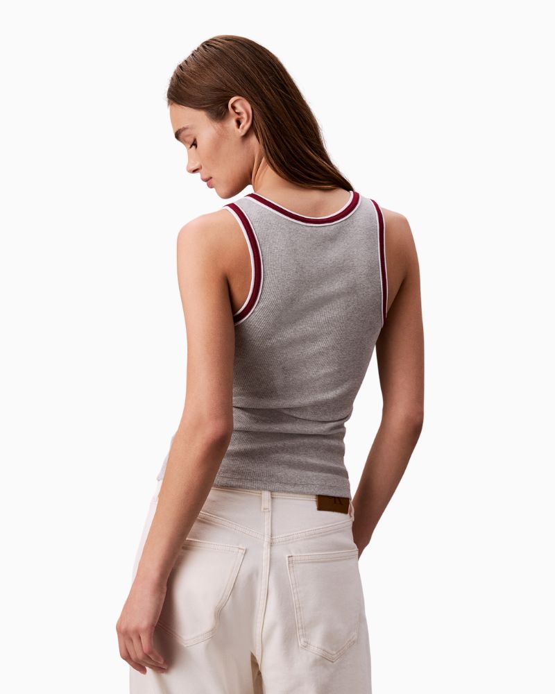 Back view of Calvin Klein sleeveless tank top in ribbed cotton with soft stretch