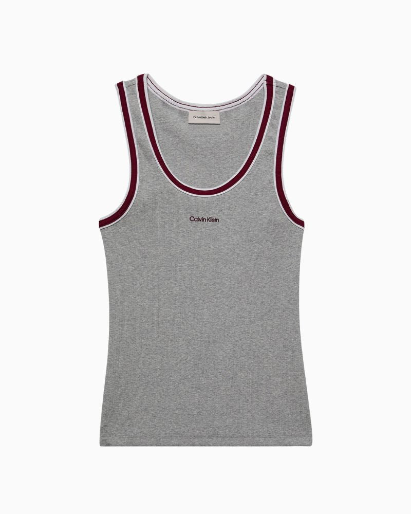Front of Calvin Klein grey colour block ribbed cotton tank with crew neck and slim fit