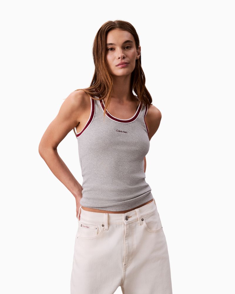 Calvin Klein grey colour block ribbed cotton tank with crew neck and slim fit
