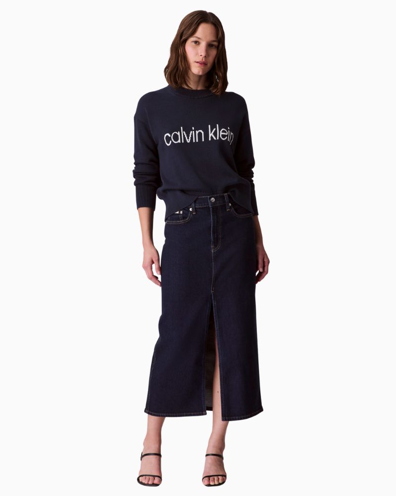 Front view Calvin Klein cotton pullover with front graphic logo and crew neckline