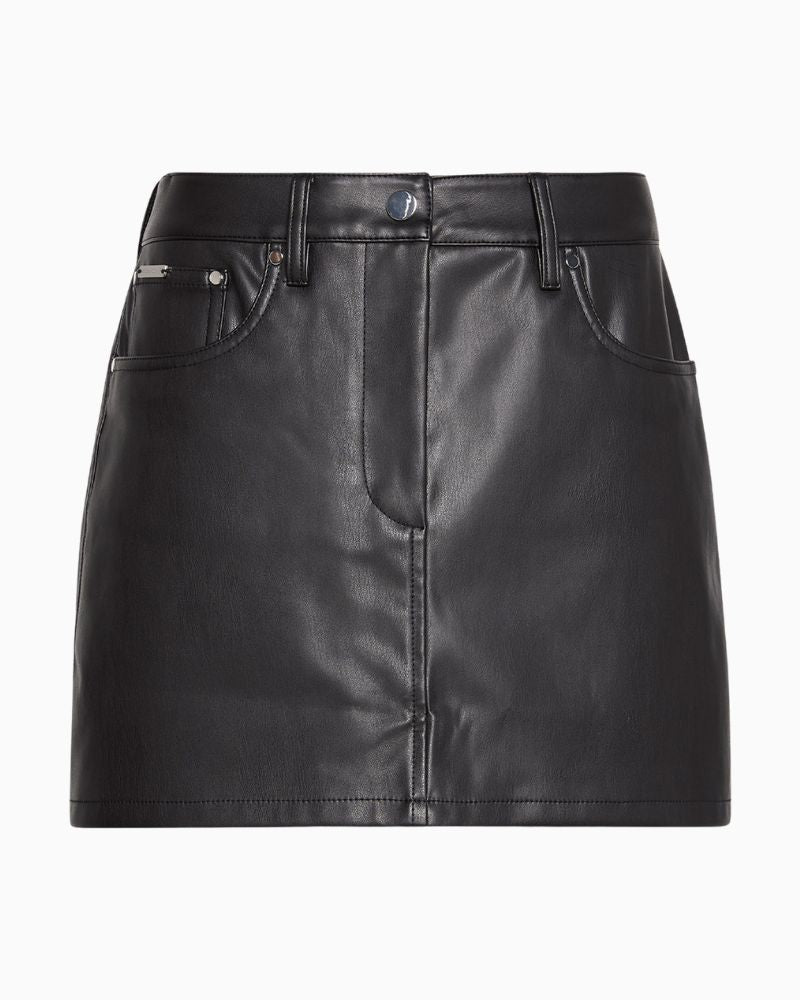 Front view of Calvin Klein vegan leather mini skirt showing classic pockets and fit