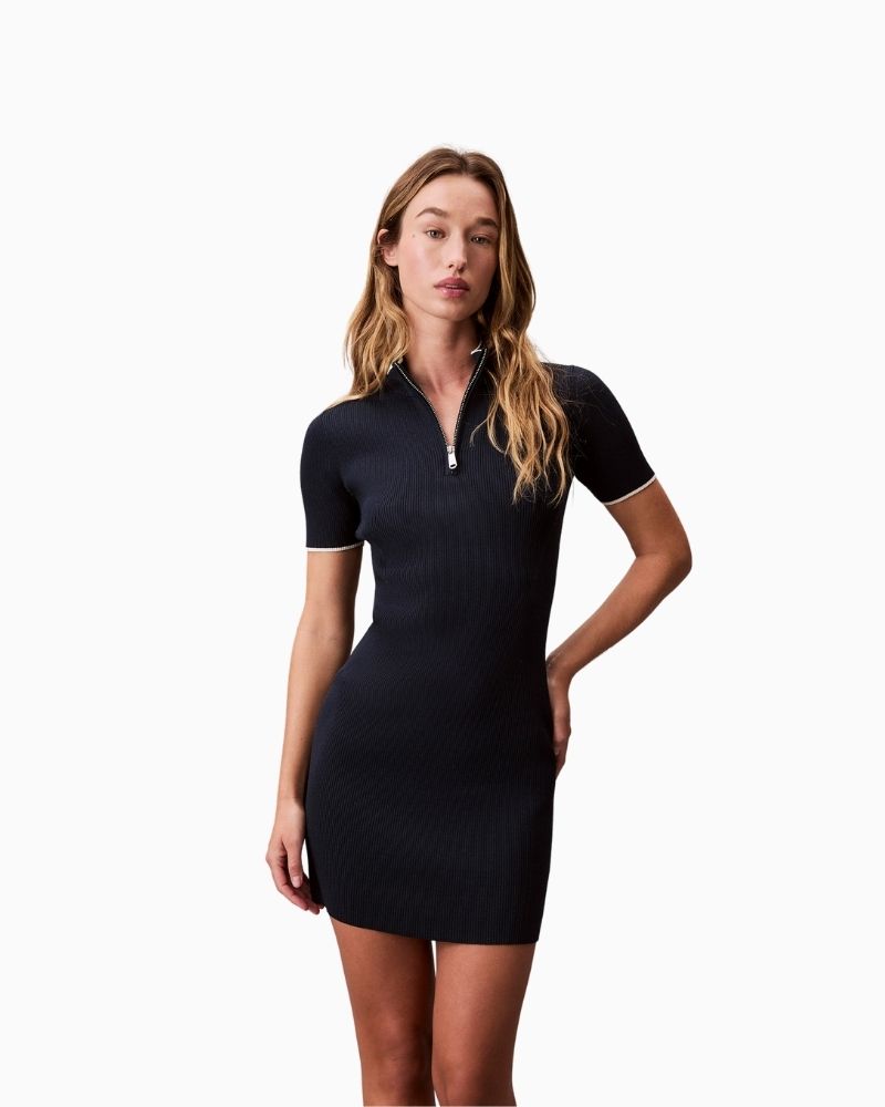 Calvin Klein Naia dress in navy nylon blend with smooth, minimal silhouette