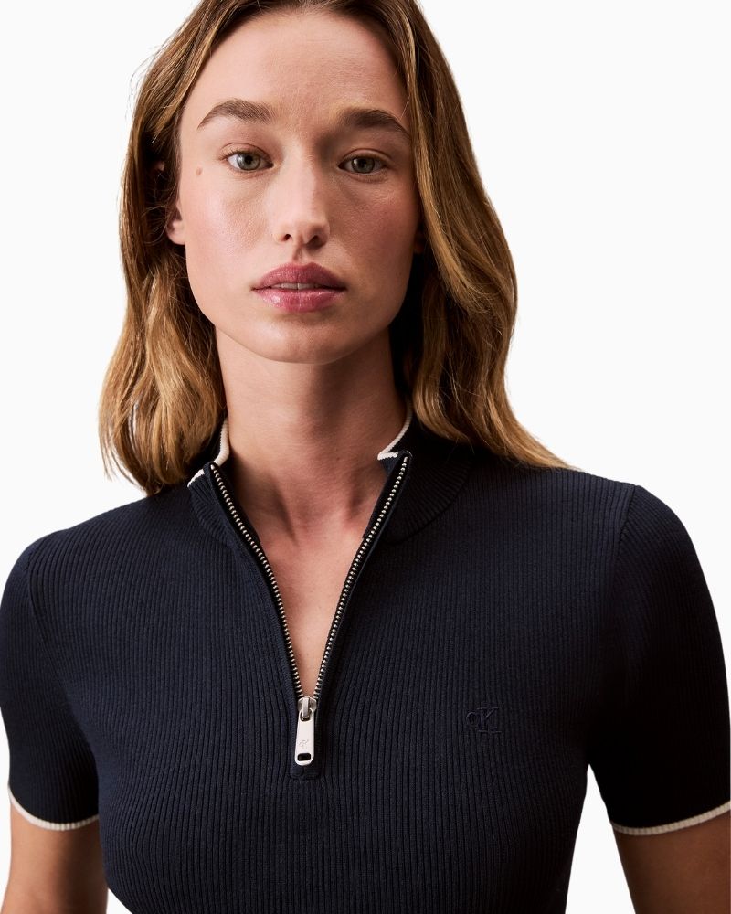 Close up view of Calvin Klein nylon dress styled for everyday or occasion