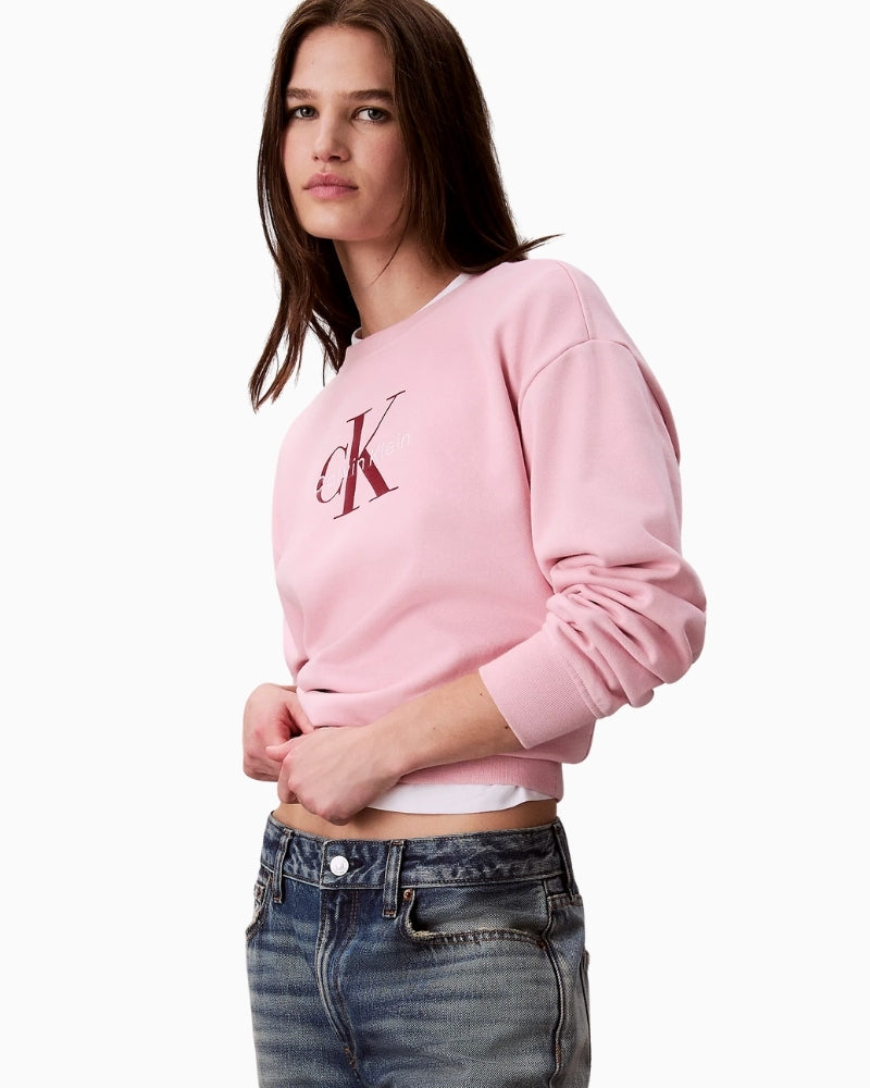 Side view of relaxed, boxy fit sweatshirt with ribbed trims