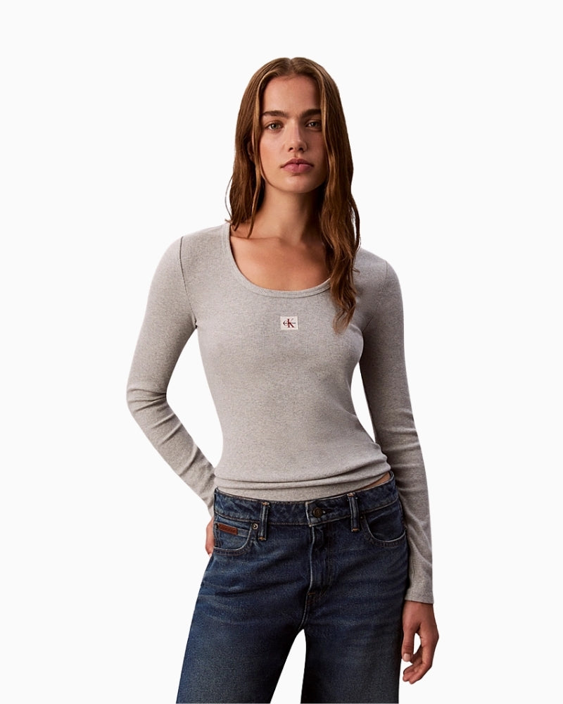 Calvin Klein slim-fit ribbed cotton top with scoop neckline and long sleeves