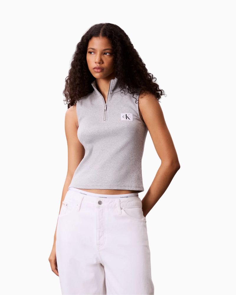 Calvin Klein sleeveless quarter zip top in navy ribbed cotton with mock neck