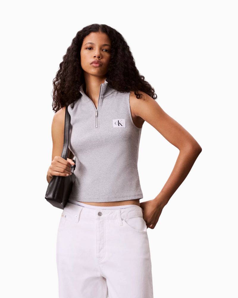 Calvin Klein sleeveless quarter zip top in navy ribbed cotton with mock neck