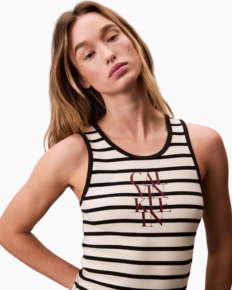 Close up of Calvin Klein sleeveless striped mini dress in stretch cotton rib