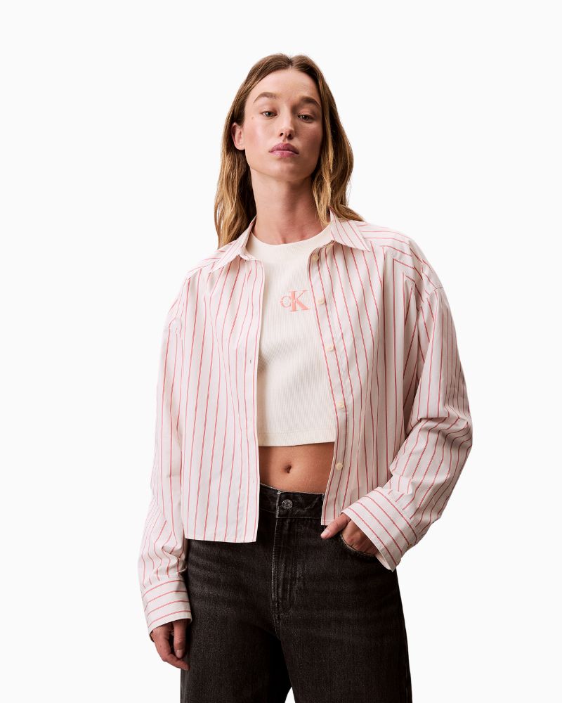 Calvin Klein striped boxy cropped shirt in 100% cotton with button front
