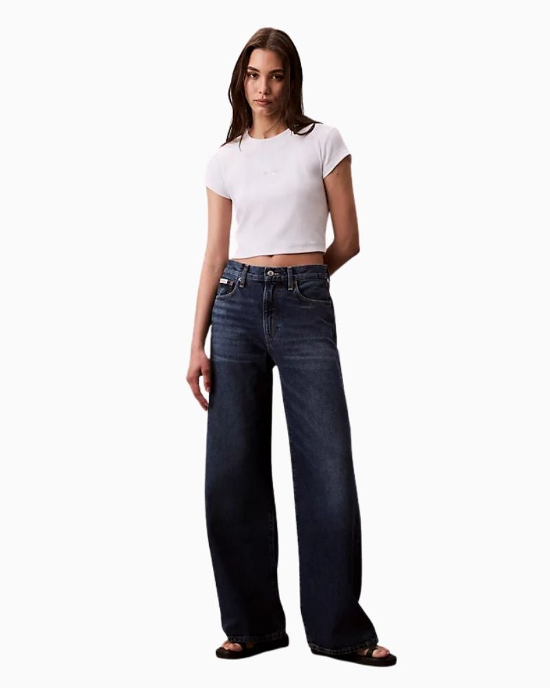 Calvin Klein wide leg jeans in dark indigo denim with medium rise and full-length leg