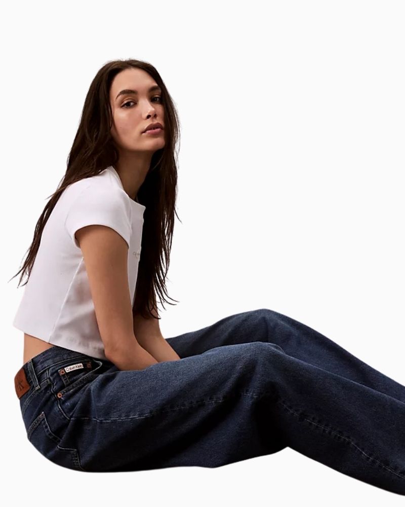 Calvin Klein wide leg jeans in dark indigo denim with medium rise and full-length leg