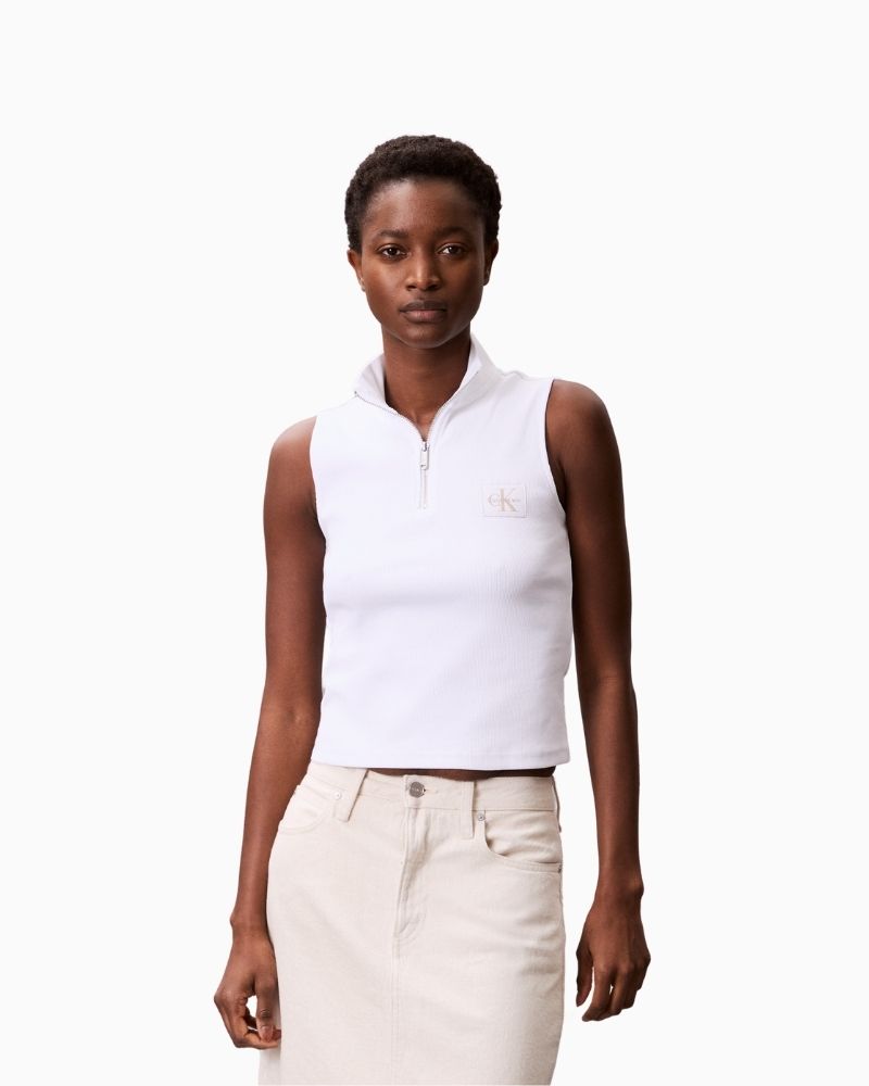 Calvin Klein Jeans white sleeveless quarter zip top with woven logo label