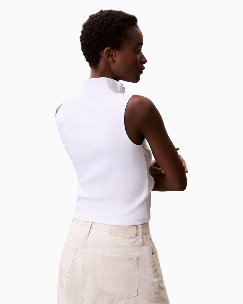 Back Calvin Klein Jeans white sleeveless quarter zip top with woven logo label