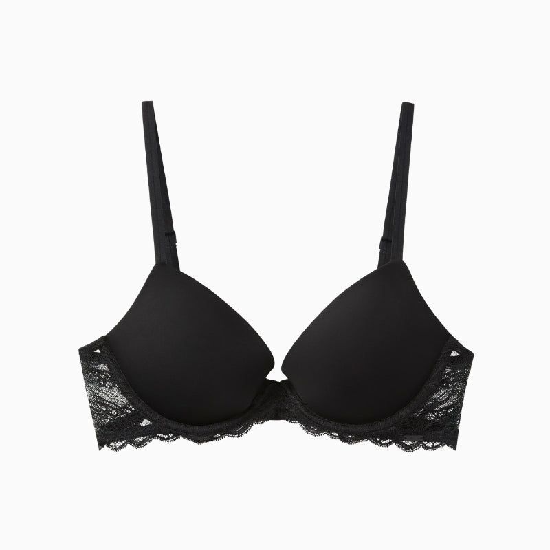 Close-up of lace texture and light padding in Calvin Klein bra cup detail