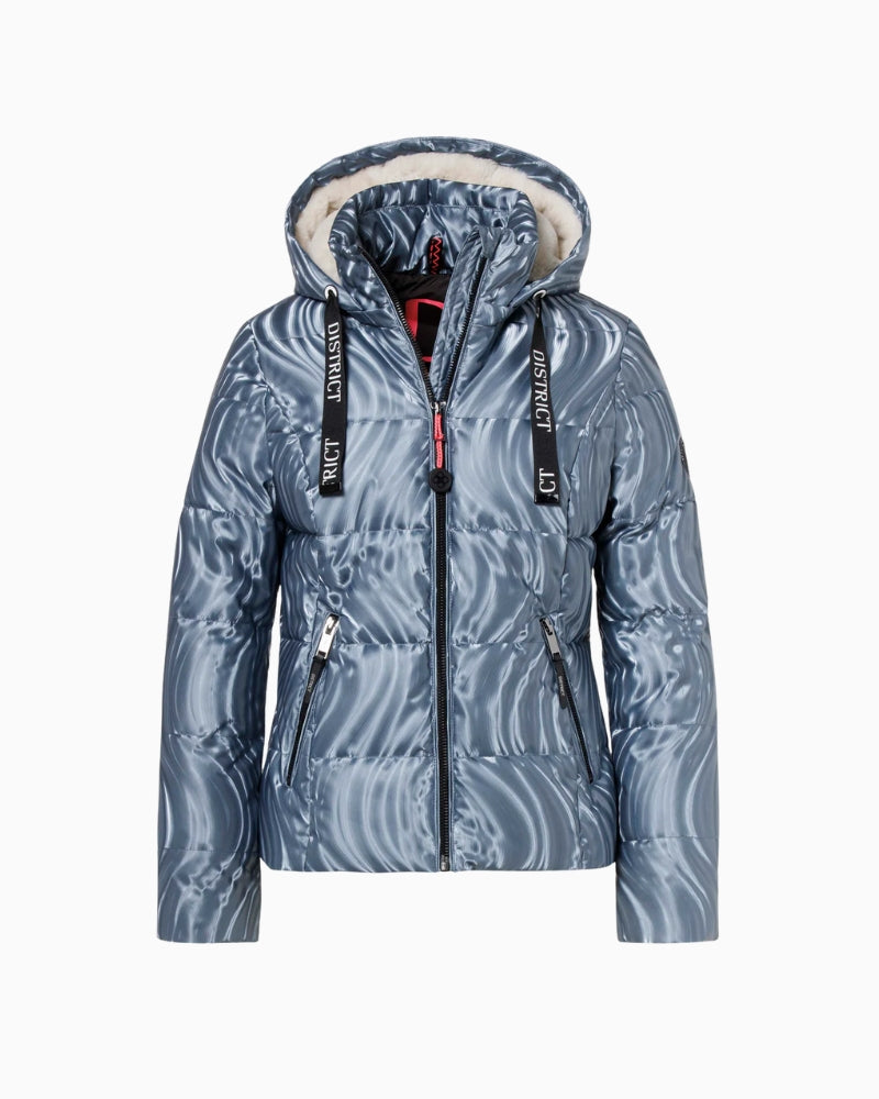 Front view of District Alpine quilted jacket in metal blue with contrast black zips