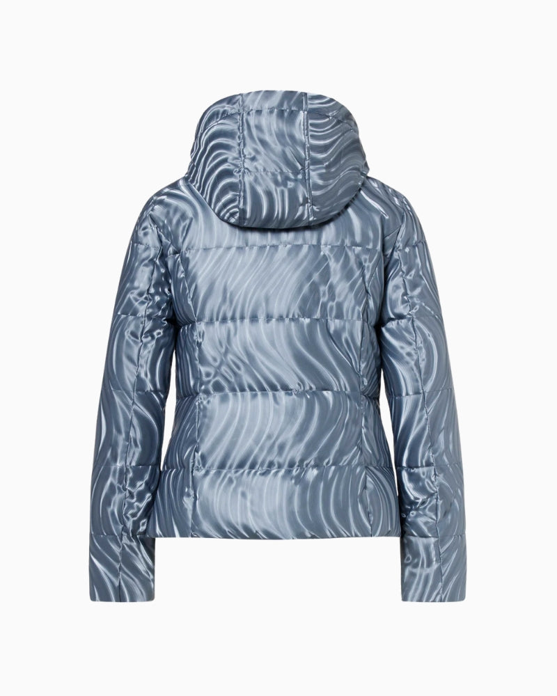 Back view of short sporty water-repellent jacket with 3D quilted texture