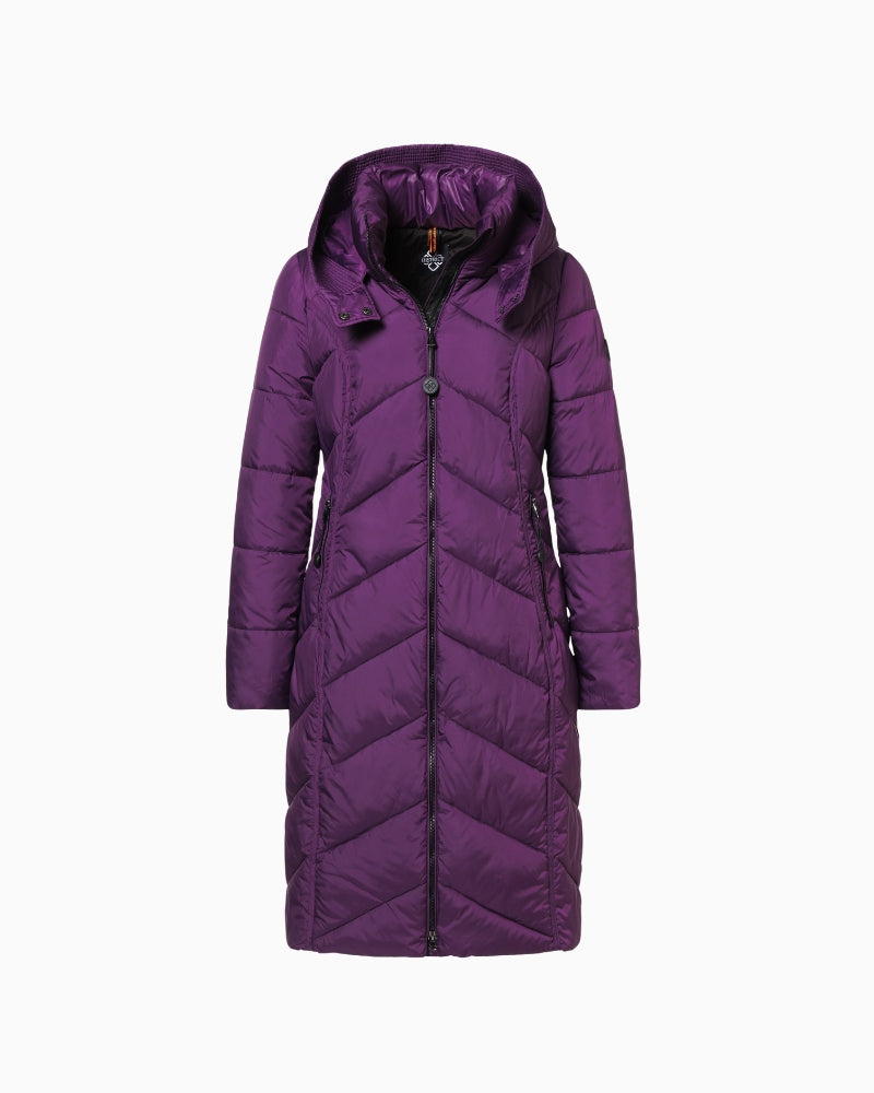 Front view of District Arosa coat in plum juice with long quilted design and zip closure