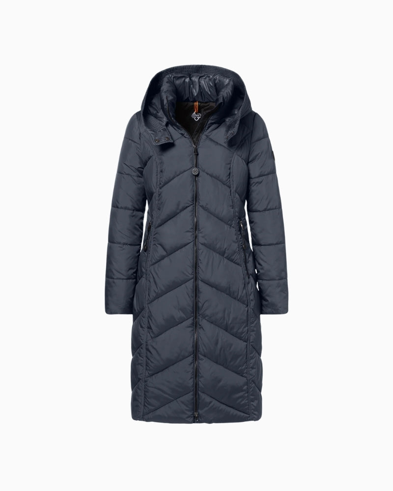 District Arosa gun metal long quilted coat with detachable hood