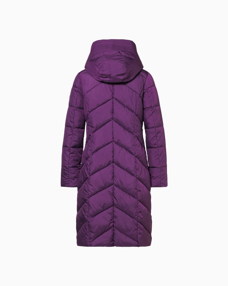 Back view of District longline coat with fantasy quilted finish and deep plum colour