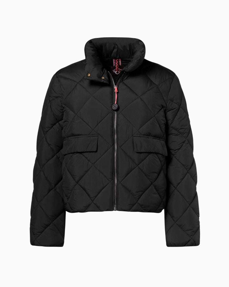 Front view of District Montreal jacket in black with check quilting and stand-up collar