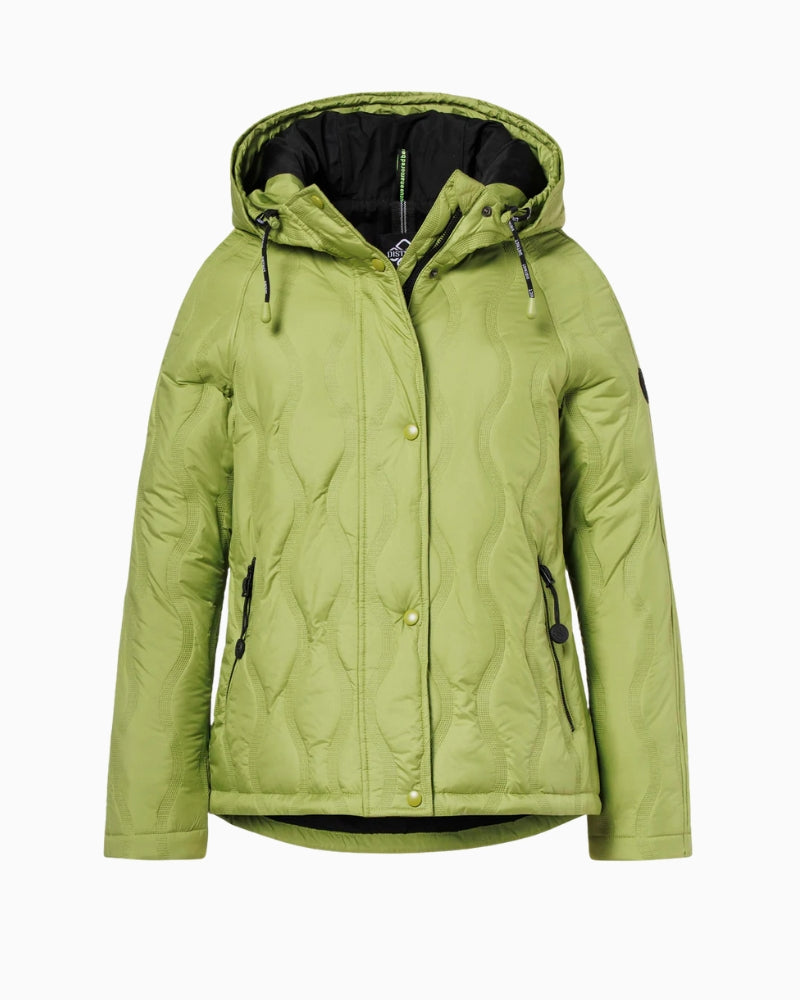 Front view of women’s apple green water-repellent jacket with zip pockets
