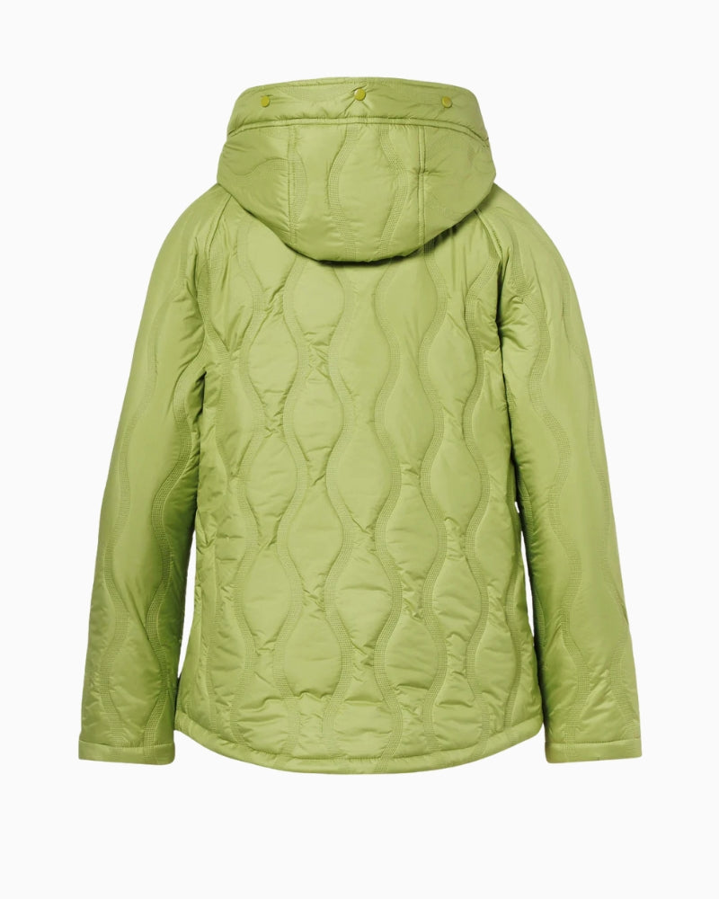 Back view of green quilted District jacket with adjustable hood