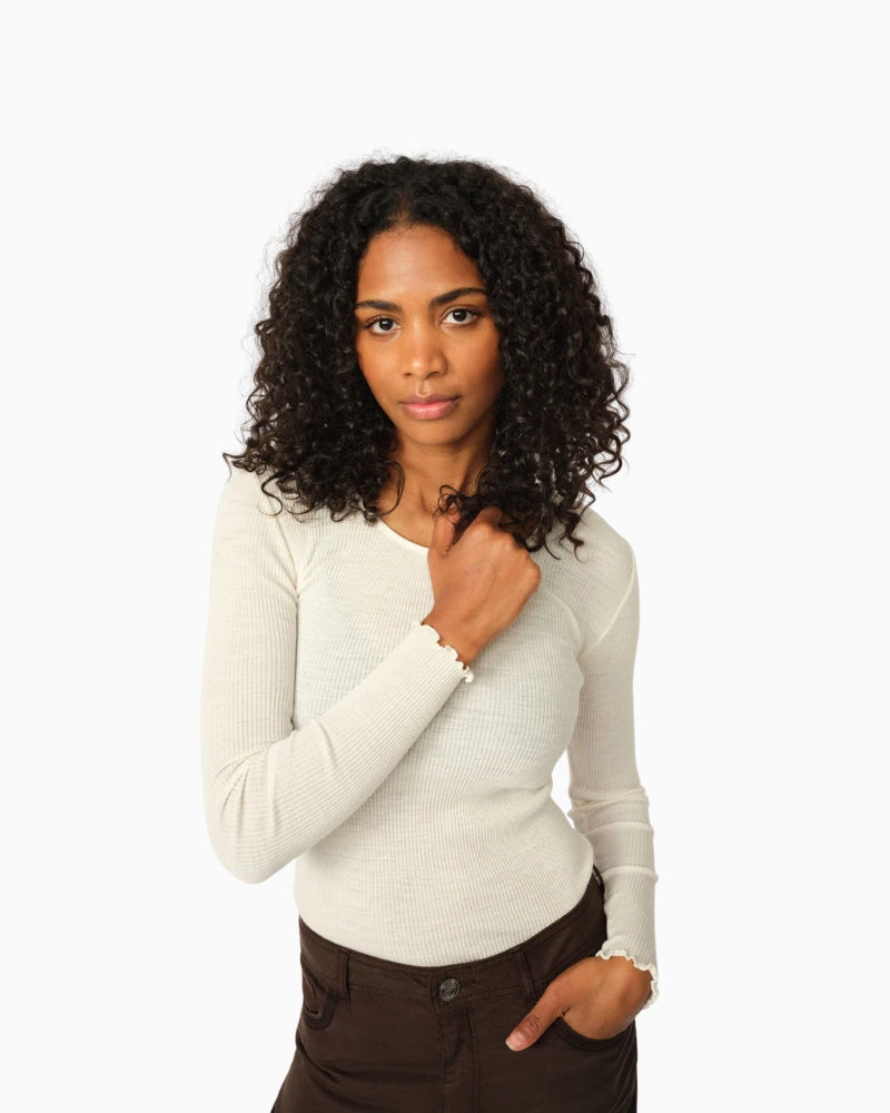 Close-up of ribbed texture and ruffle cuff detailing