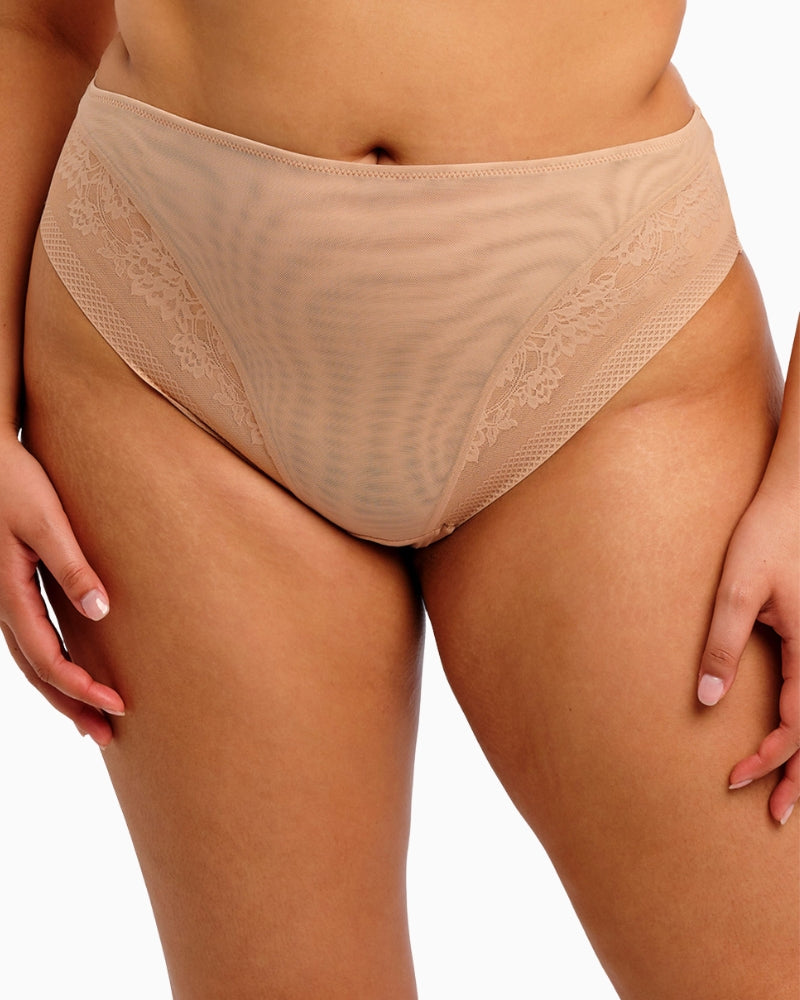 Front view of Elomi Nerina high-leg brief in Sahara with soft stretch lace trim