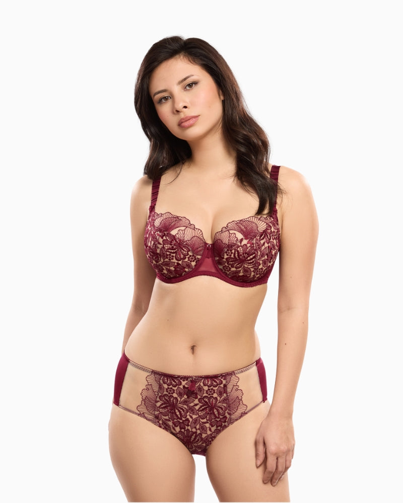 Front view of Empreinte Agathe low neck bra in Amarante with sheer embroidered cups