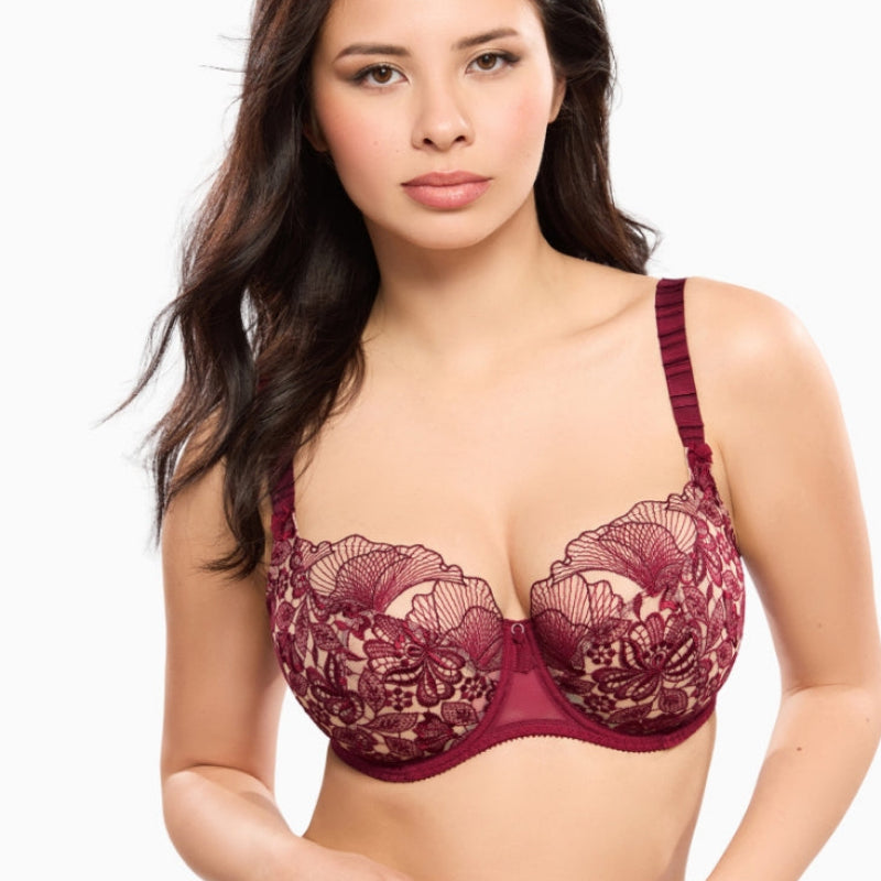 Close-up of embroidered tulle and centre jewel detail on Empreinte Agathe underwired bra