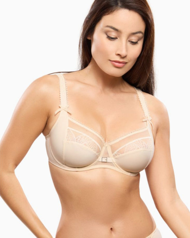 Close up view of Gustave ivory bra showing soft structure and breathable tulle panel