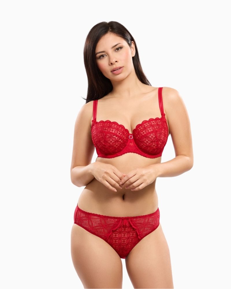 Empreinte Romy red lace demi bra with embroidered unpadded cups and jewel detail