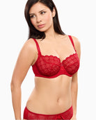 Close up view Empreinte Romy red lace demi bra with embroidered unpadded cups and jewel detail