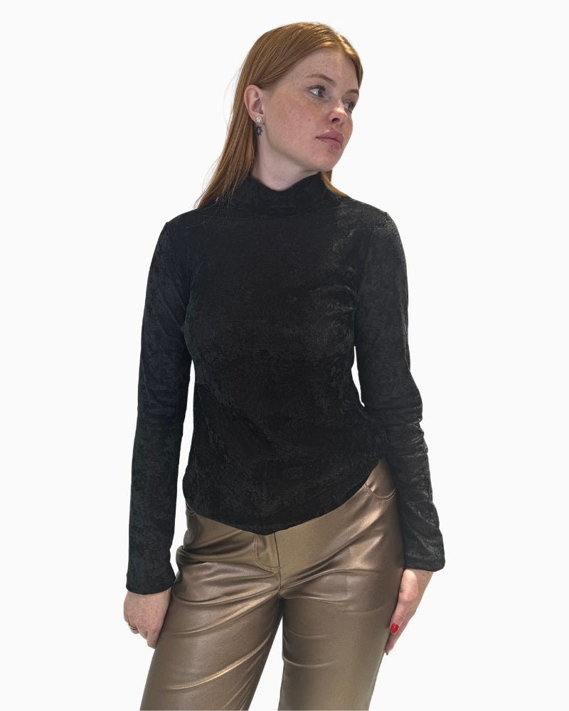 Front view of Eva Kayan slim fit black roll neck with long sleeves