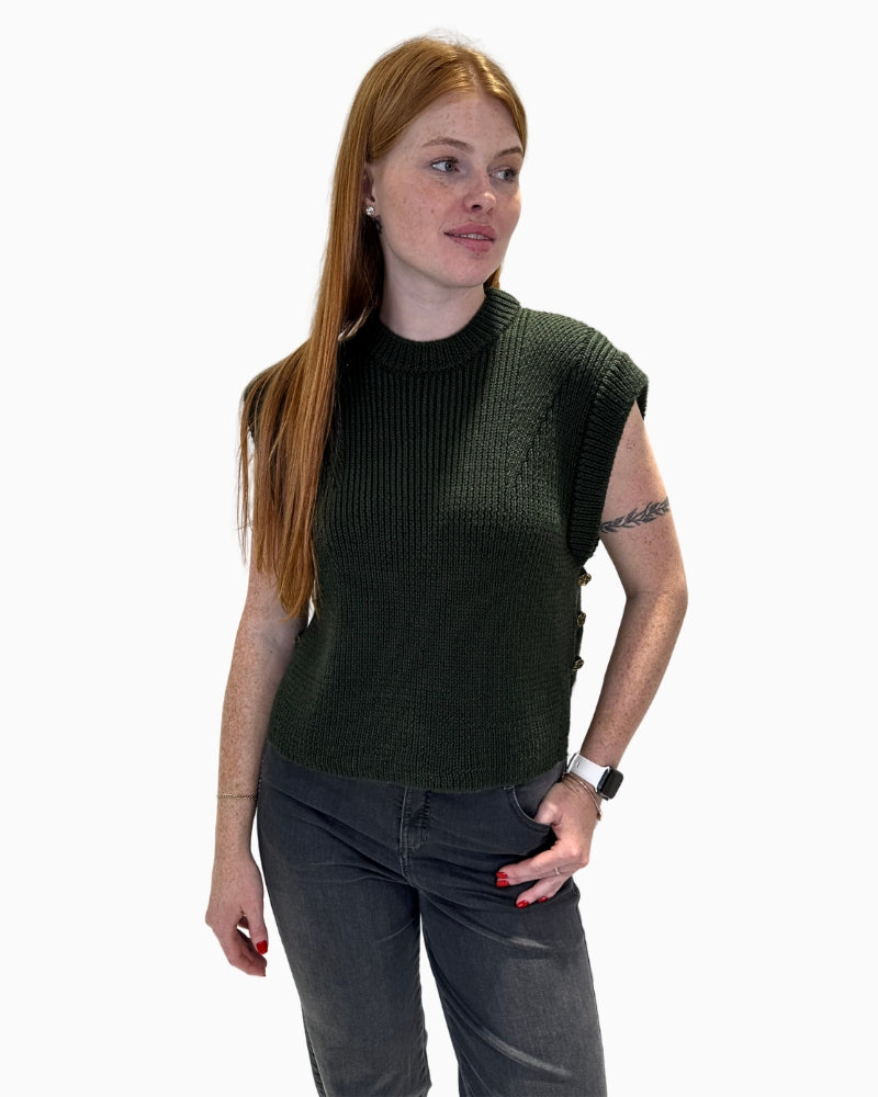 Eva Kayan khaki sleeveless vest with ribbed neckline and side buttons