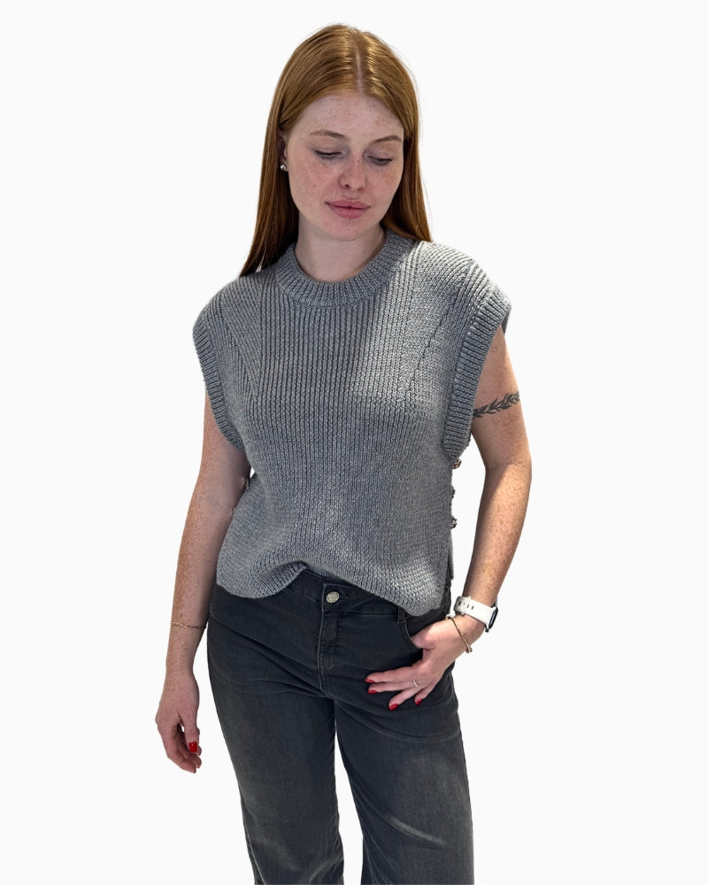 Eva Kayan sleeveless vest in dark grey wool blend with ribbed neckline