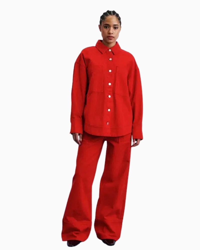 FRNCH Furano Wide Leg Jeans in red styled view